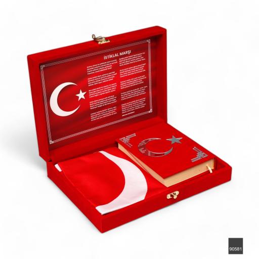 Sancak Serisi Lüks Kadife Kuran Kutusu + Sancak Serisi Çanta Boy Bilgisayar Hatlı Arapça Kadife Kuran-ı Kerim - Kırmızı