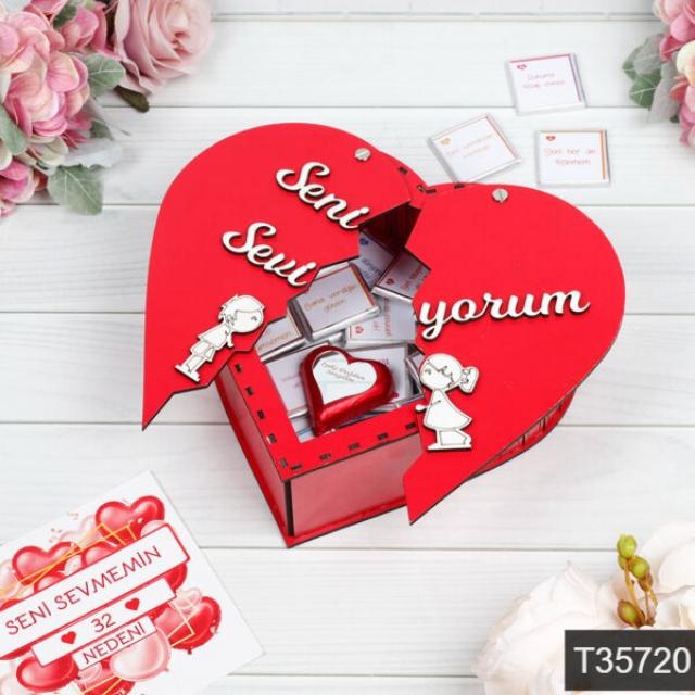 Ahşap Kalp Kutuda Seni Sevmemin 32 Nedeni Çikolata Seti